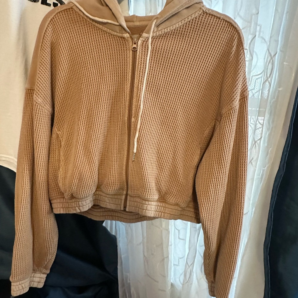 Aerie Light Brown Waffle Knit Hoodie. Taupe color with outside stitching. - Picture 2 of 6